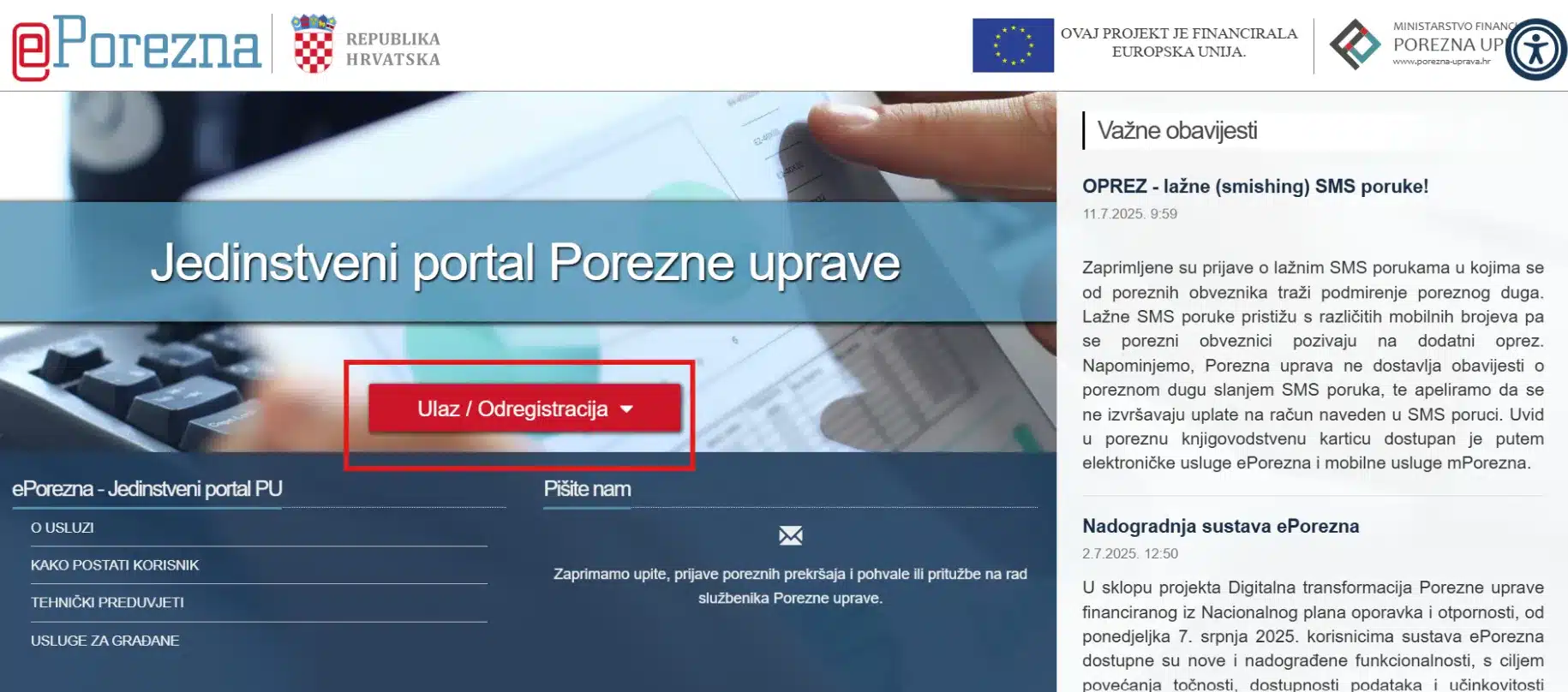 Prijavite se u ePoreznu na poveznici ePorezna klikom na gumb Ulaz/Odregistracija