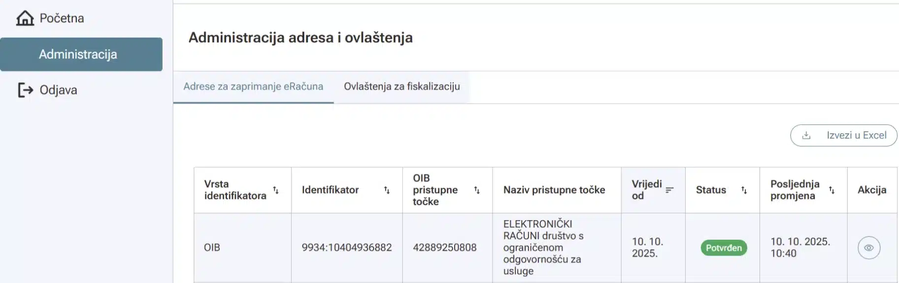 Nakon uspješno provedene potvrde, vaš status adrese za zaprimanje eRačuna je ‘potvrđen’ i zelene je boje.